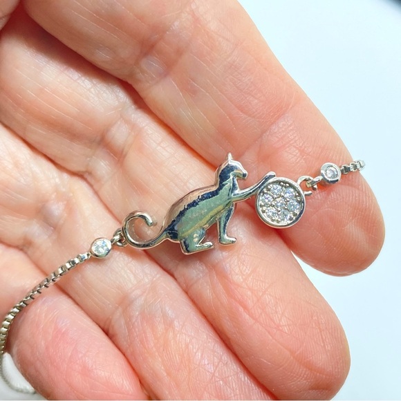 Cat Slider Bracelet Silver Tone Stainless Steel Cat with Rhinestone Yarn Ball - Picture 4 of 4